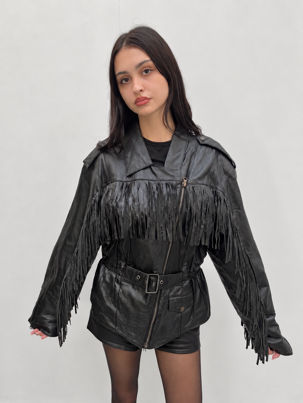 1980s American Vintage Leather Fringe Biker Jacket