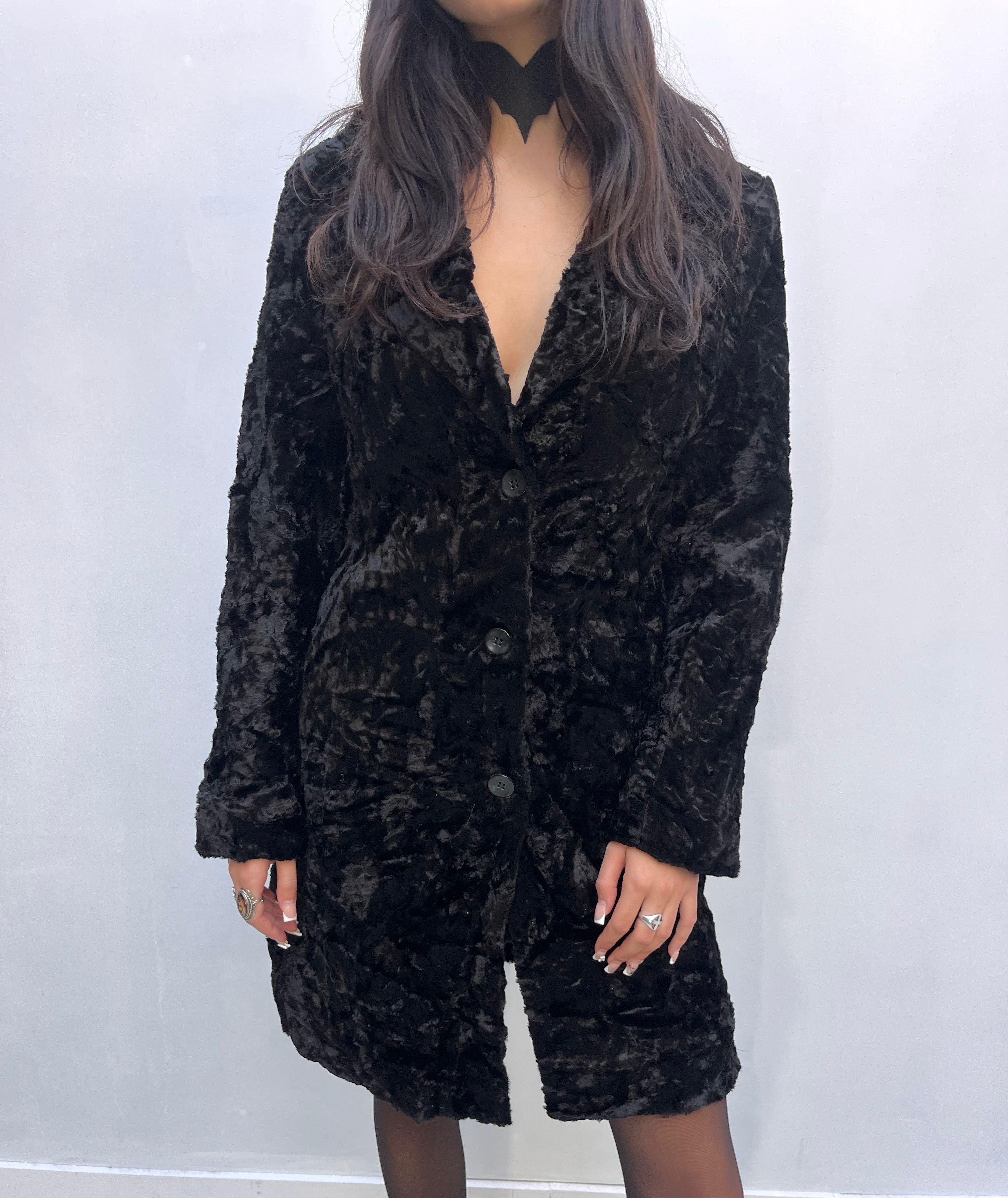 1980s Vintage Black Crushed Velvet Coat