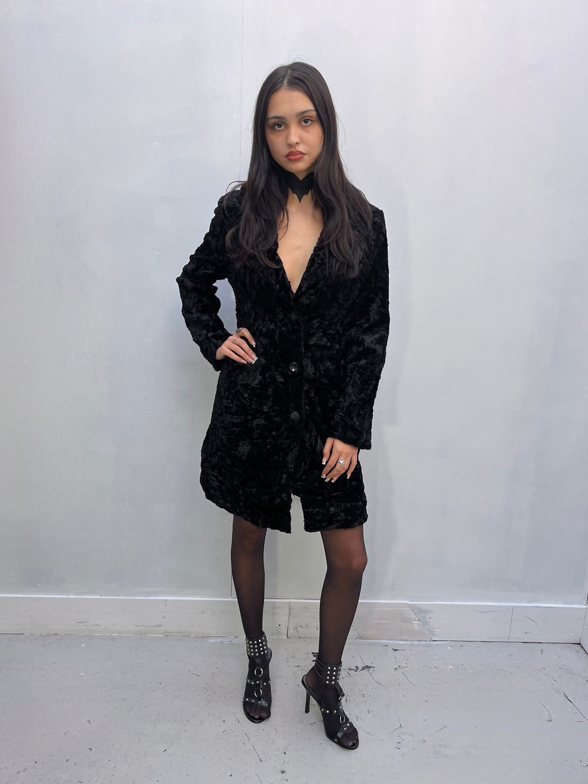 1980s Vintage Black Crushed Velvet Coat