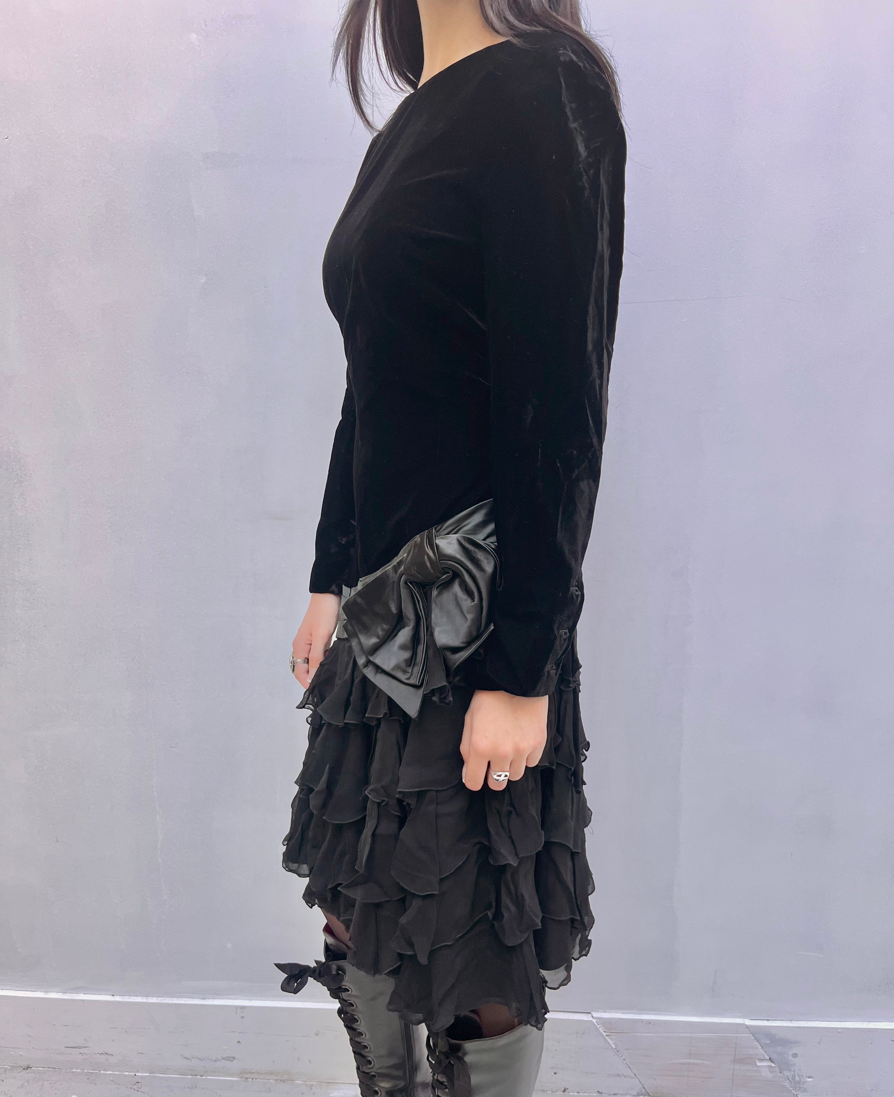 Vintage 1980s Black Silk Velvet & Chiffon Dress