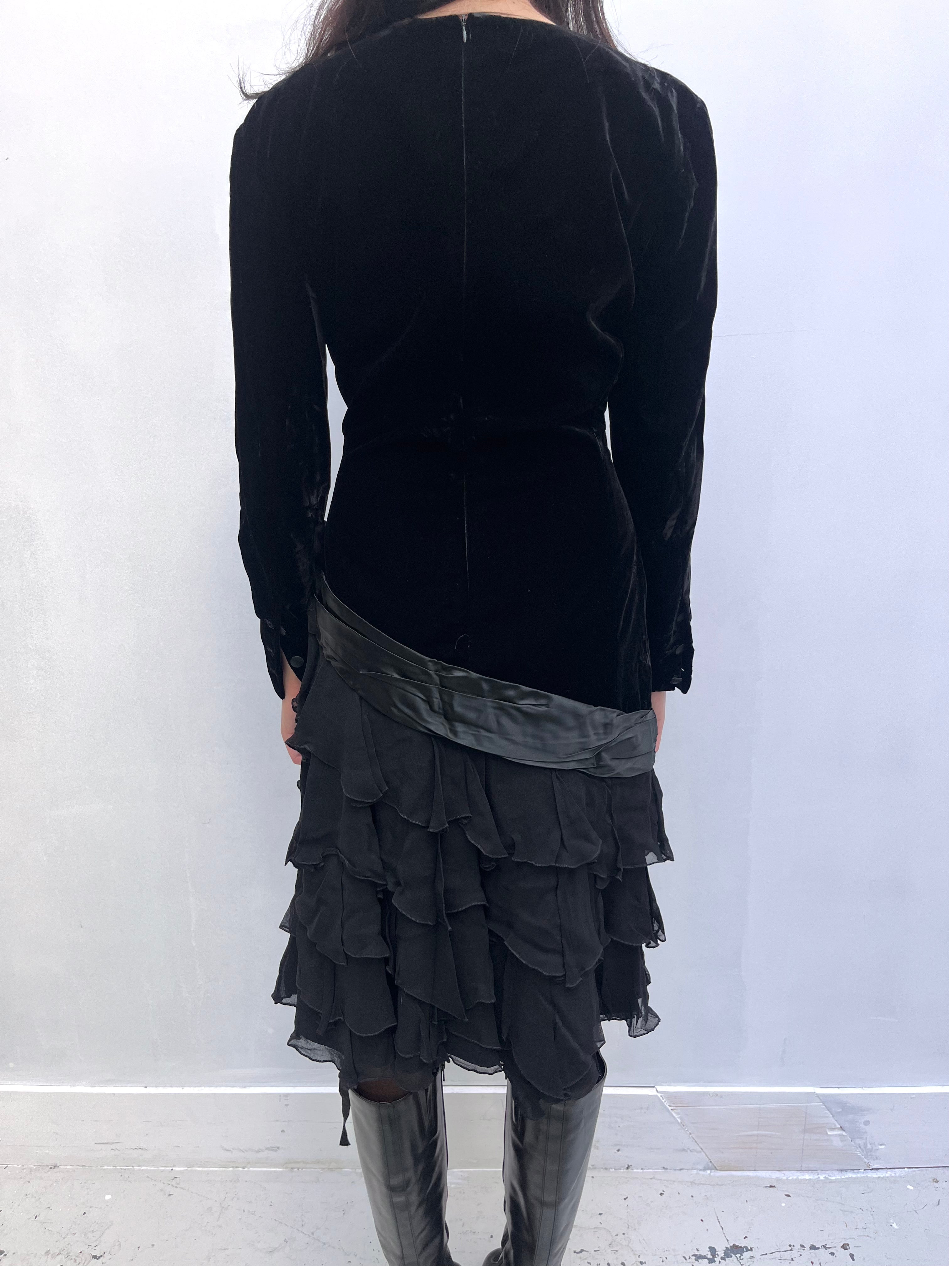 Vintage 1980s Black Silk Velvet & Chiffon Dress