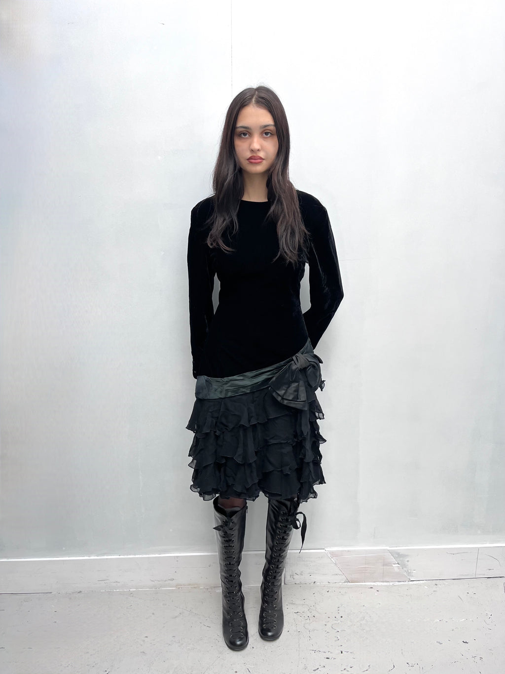 Vintage 1980s Black Silk Velvet & Chiffon Dress