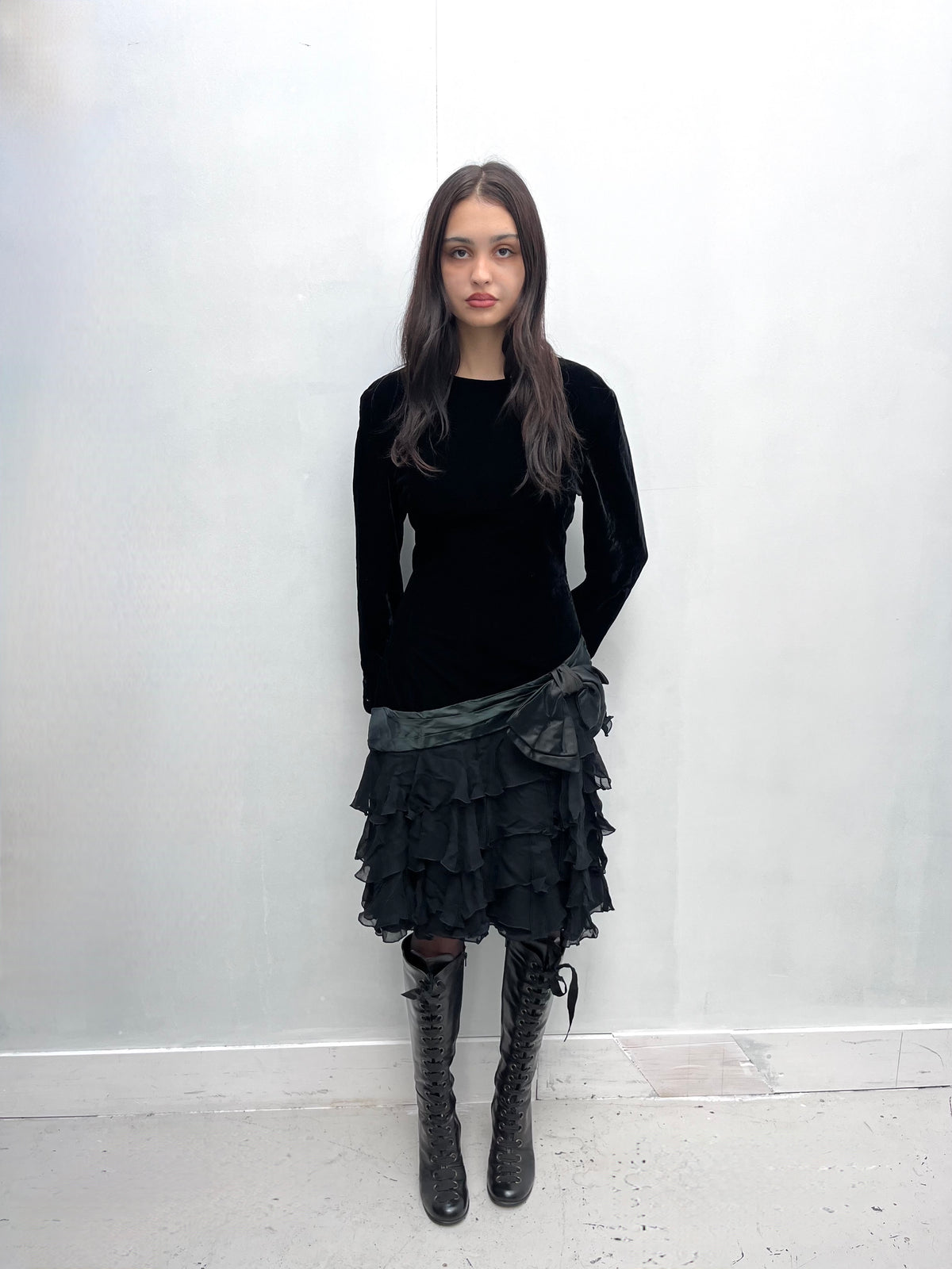 Vintage 1980s Black Silk Velvet & Chiffon Dress