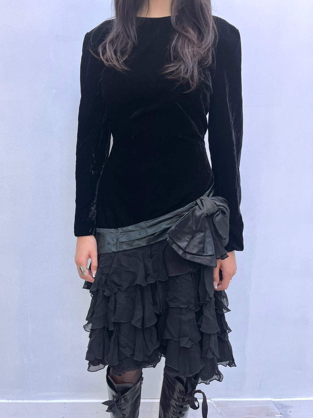 Vintage 1980s Black Silk Velvet & Chiffon Dress