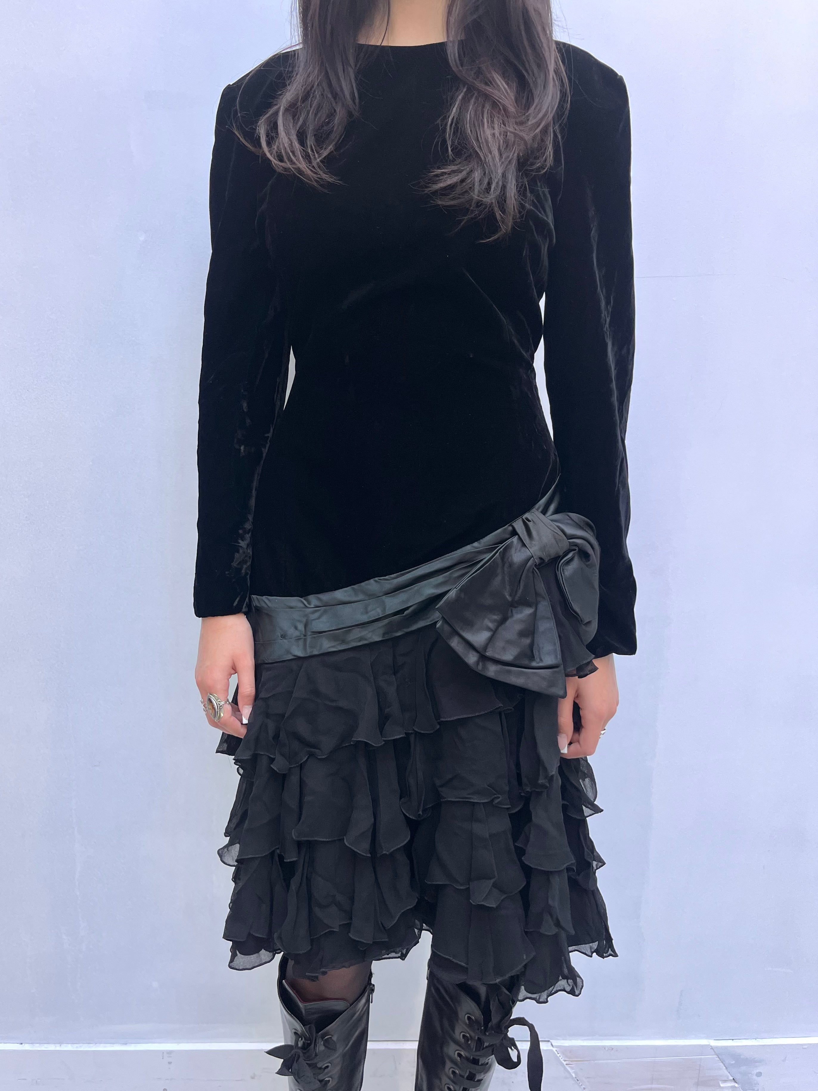 Vintage 1980s Black Silk Velvet & Chiffon Dress